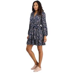 Tommy Hilfiger Paisley Belted Shift Dress Long Sleeve V-Neck Navy M NWOT